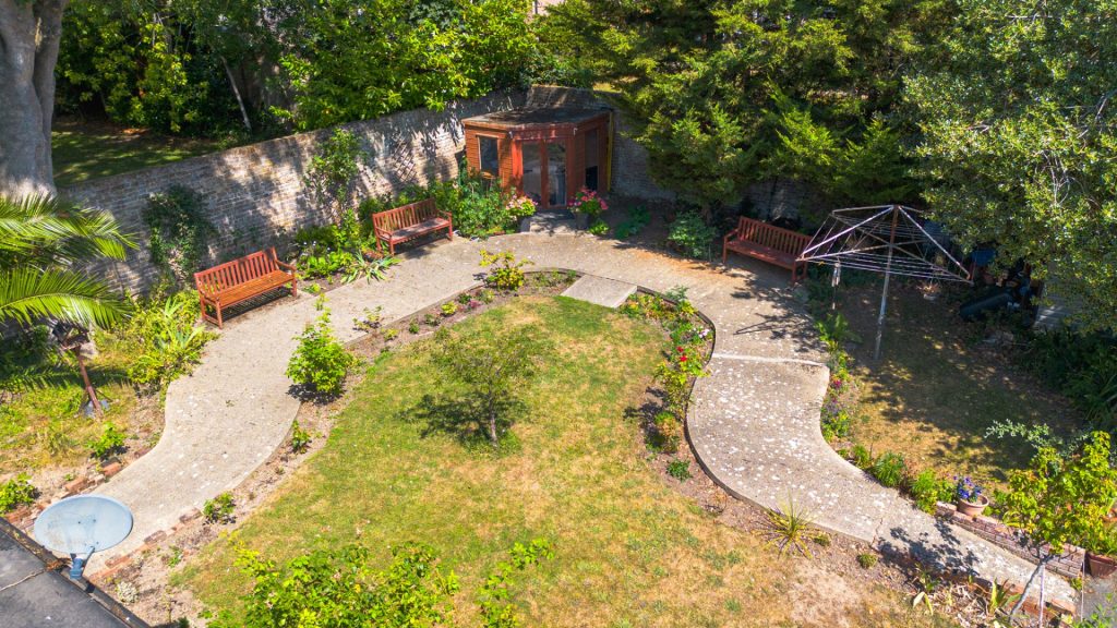 Aerial view of garden lawn and paths