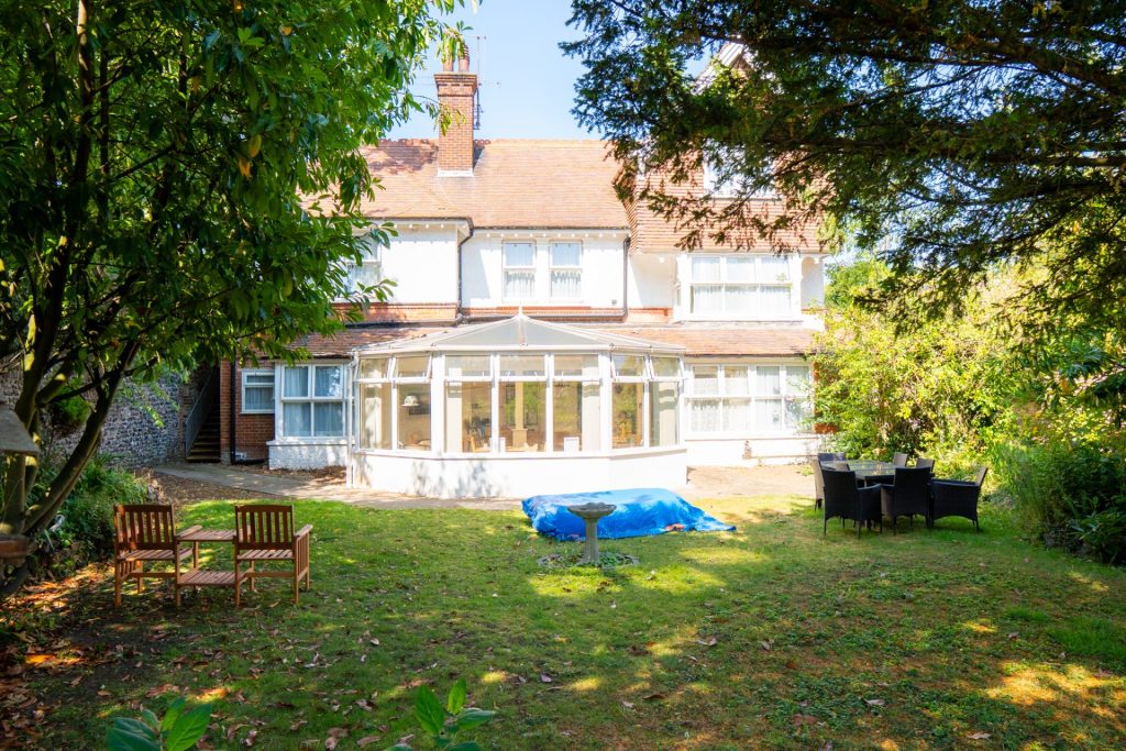 Care home rear garden with building view