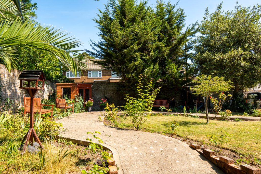 Garden pathway and seating area